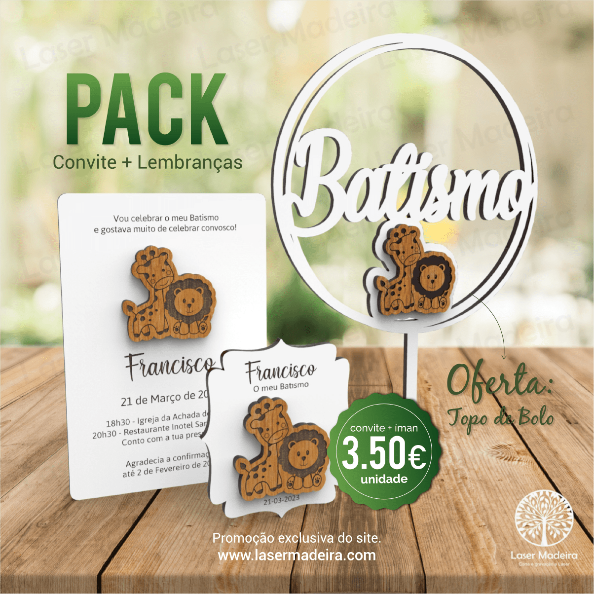 Convite Batismo / Primeira Comunhão / Profissão de Fé / Crisma e Lembrança íman com aplique Animais - PACK - Laser Madeira